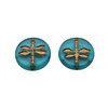 Czech Glass 18mm Dragonfly Coin - Aqua Blue Transparent Matte with Gold Wash