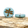 Czech Glass 18mm Dragonfly Coin - Aqua Blue Silk Dark Bronze Wash