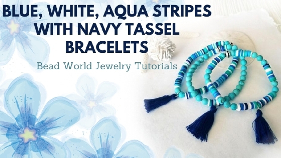 ​Set of Three Stretch Bracelets – Blue, White, Aqua Stripes with Navy Tassels