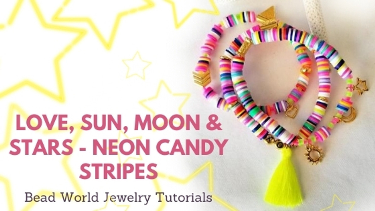 ​Set of Three Stretch Bracelets – “Love, Sun, Moon & Stars” Neon Candy Stripes