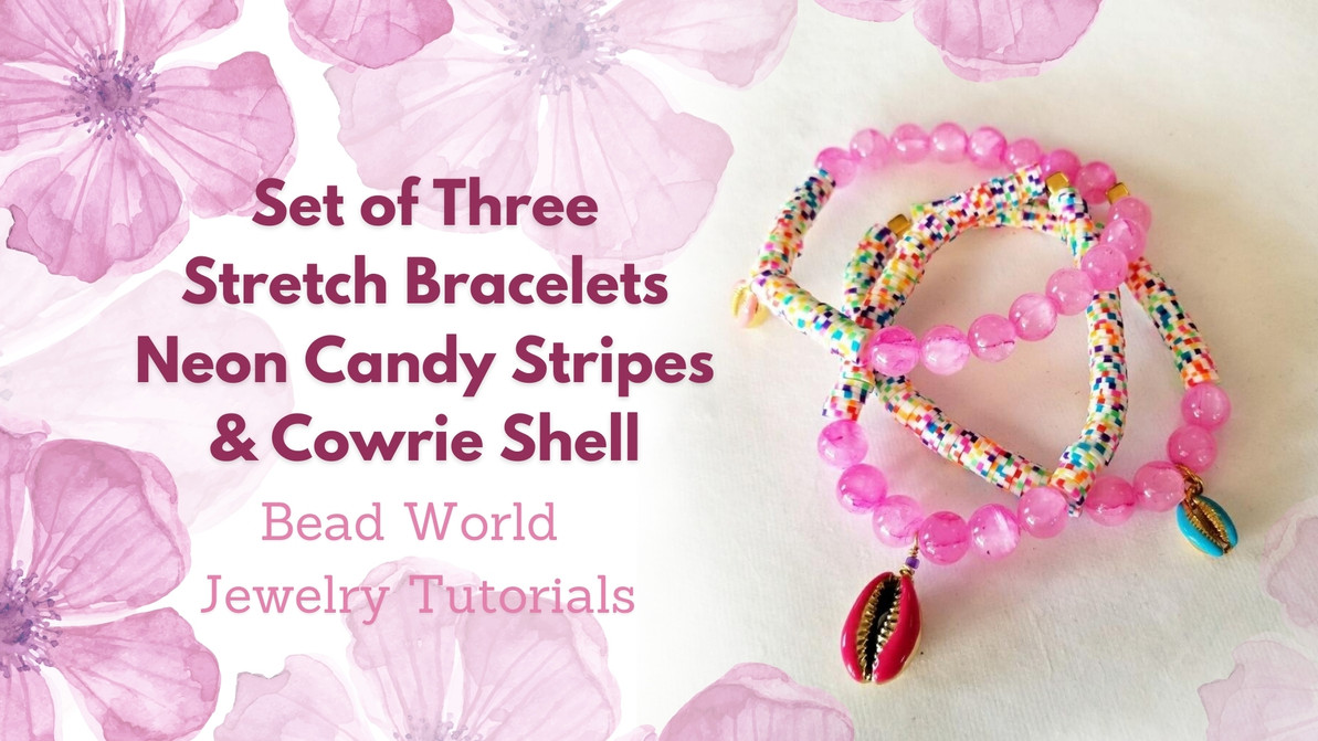 ​Set of Three Stretch Bracelets – Lush Pink, Neon Candy Stripes & Cowrie Shell