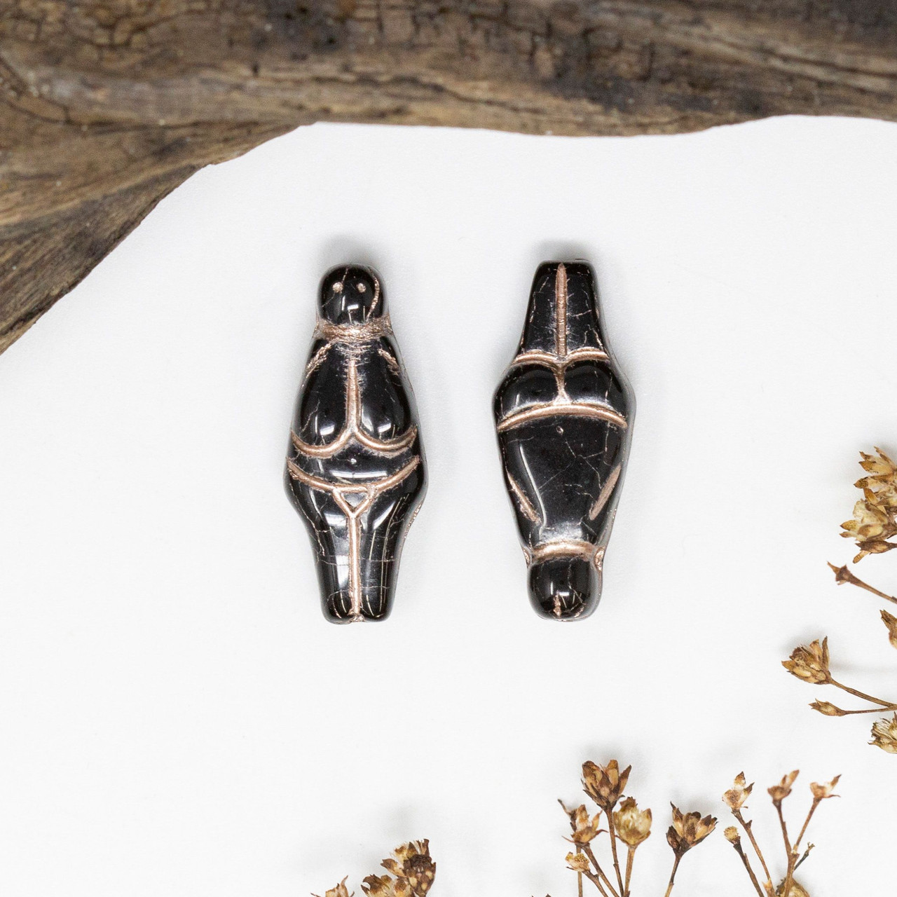 Czech Glass 25x10mm Goddess Jet Black Opaque with Platinum Wash