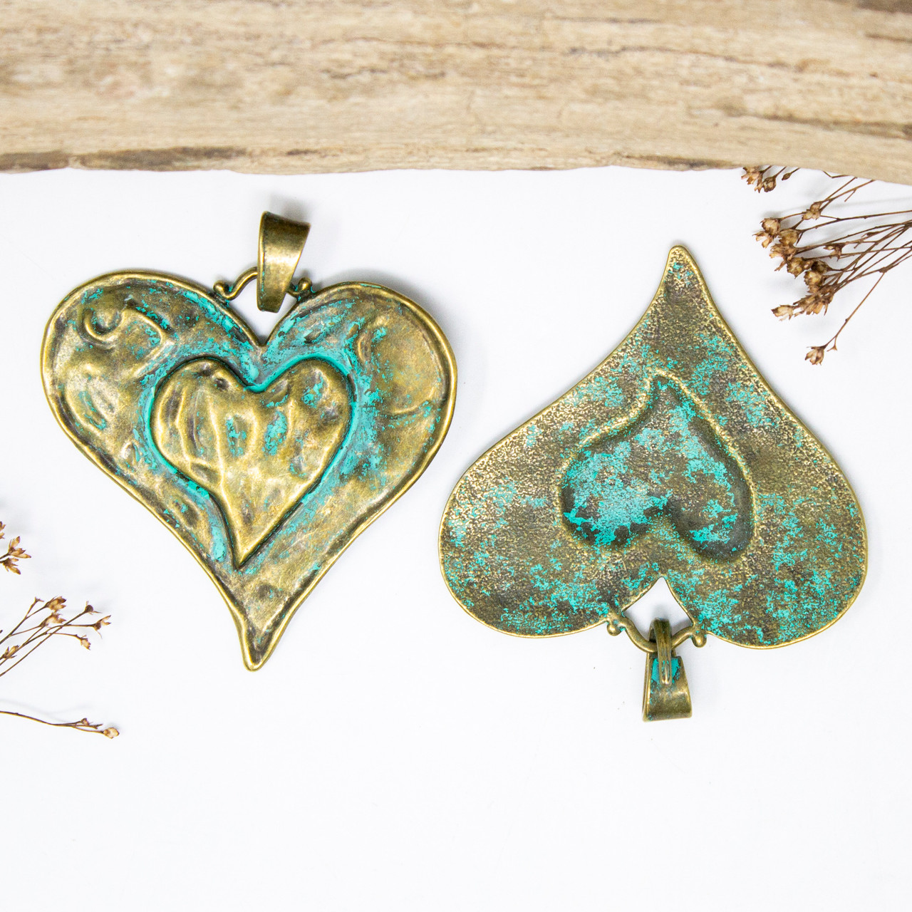 Green Patina Antique Brass Plated Alloy 62x64mm Heart