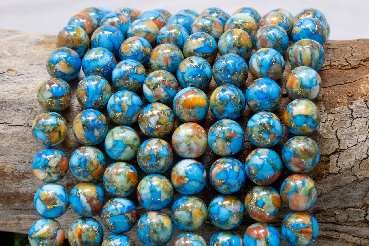 Turquoise, Spiny Oyster, Pyrite Reconstructed Polished 10mm Round