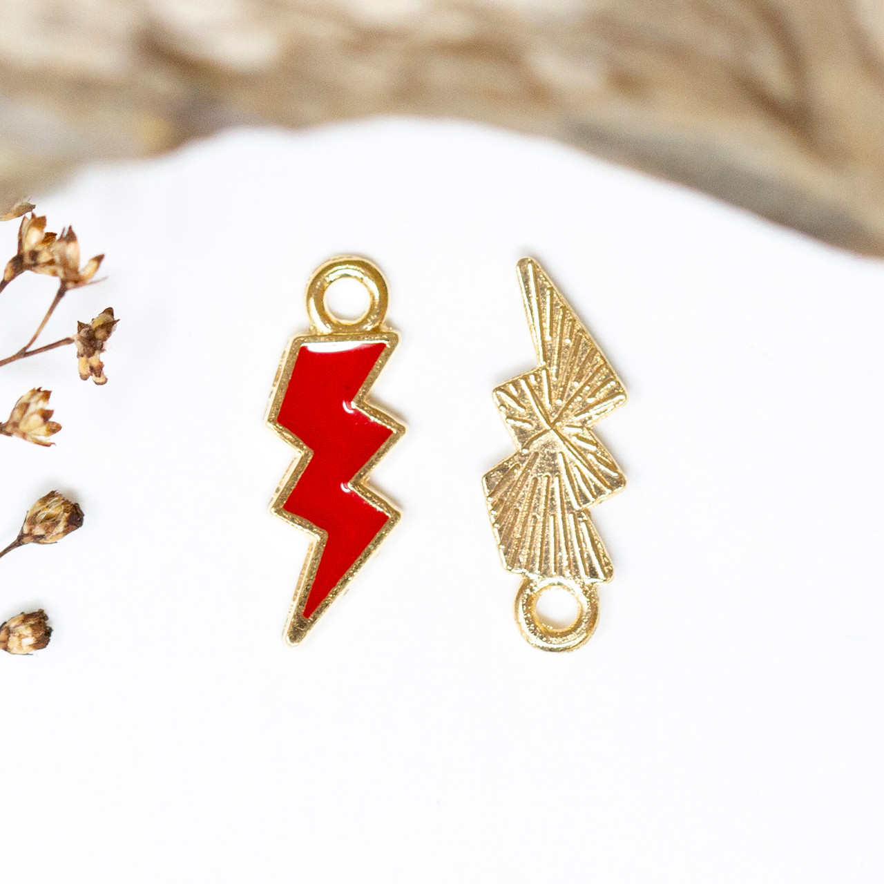 Gold Plated Enamel 20x7mm Red Lightning Bolt Charm