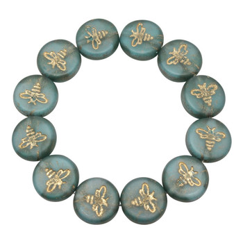 Czech Glass 12mm Bee Coin - Transparent Aqua Blue Matte with Opaque White Core and Gold Wash