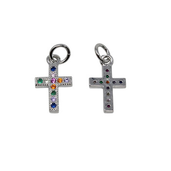 Rhodium Plated Micro Pave 8x11mm Multi Color Cross Charm
