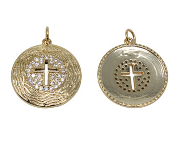 Micro Pave Gold 19mm Coin Cross Pendant