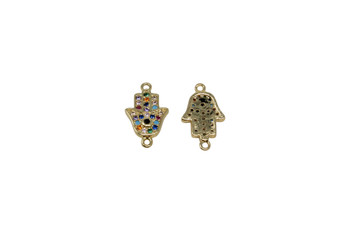 Gold Micro Pave 16x10mm Hamsa Hand Multi Color Link