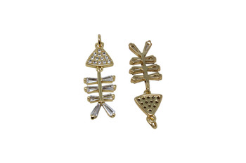 Gold Plated Micro Pave 25x10mm Skeleton Fish Dangle Charm
