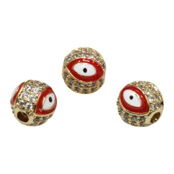 Gold Plated Micro Pave Enamel 8mm Red Eye Bead