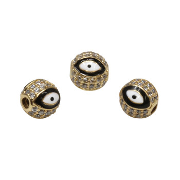 Gold Plated Micro Pave Enamel 8mm Black Eye Bead