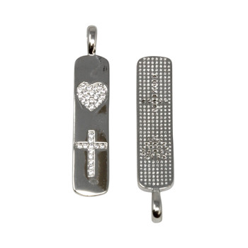 Silver Micro Pave 8x42mm Heart Cross Bar Pendant