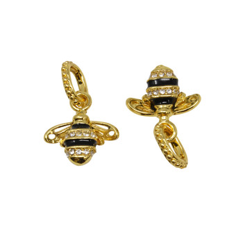 Gold Micro Pave and Enamel 16x14.5mm Bee & Ring Charm