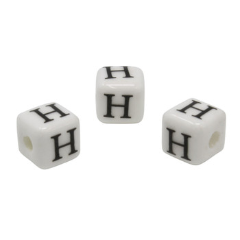 Ceramic 8mm Cube White and Black Alphabet Bead - H