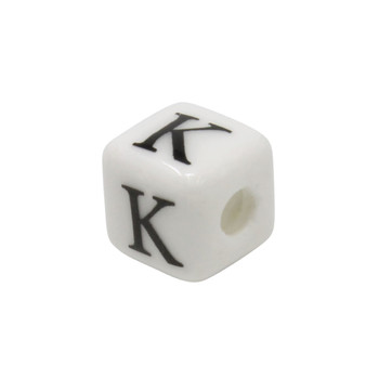 Ceramic 8mm Cube White and Black Alphabet Bead - K