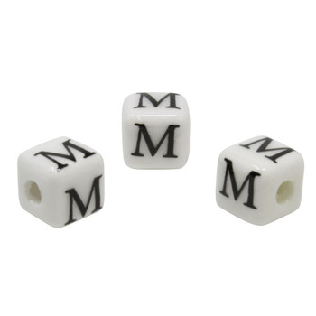 Ceramic 8mm Cube White and Black Alphabet Bead - M
