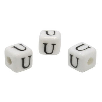 Ceramic 8mm Cube White and Black Alphabet Bead - U