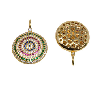 Gold 27x37mm Micro Pave Multi Color Coin Circles Pendant