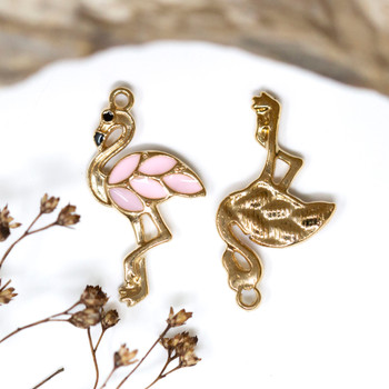 Gold Plated Enamel 29x16mm Pink Flamingo Charm