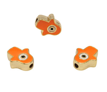 Gold Plated 15x13mm Hamsa Eye Bead with Orange Enamel - Sold Individually