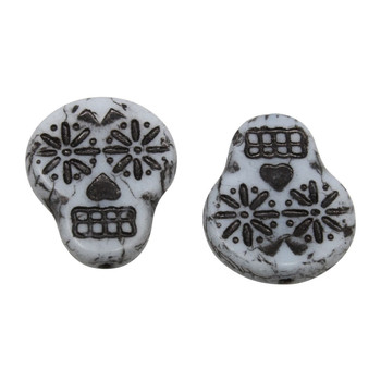 Czech Glass 20x17mm Sugar Skull Coin - White Opaque Matte with Black Wash