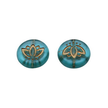 Czech Glass 14mm Lotus Coin - Deep Aqua Blue Transparent Matte with Gold Wash