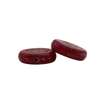 Czech Glass 14mm Lotus Coin - Deep Red Opaline Matte with Gold Wash