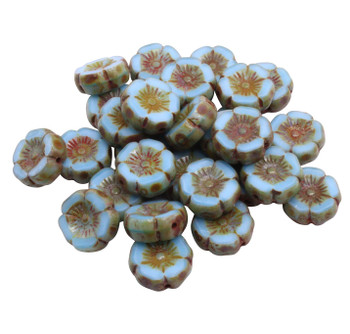 Czech Glass 12mm Hibiscus Flower Bead - Light Blue Silk with Picasso Finish
