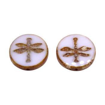 Czech Glass 18mm Dragonfly Coin - White Silk with Picasso Finish