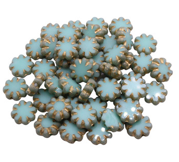 Czech Glass 9mm Cactus Flower - Sea Green with Etched and Gold Finishes