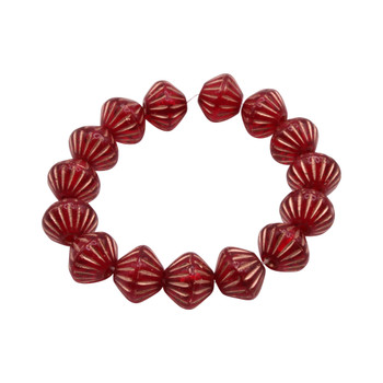 Czech Glass 9mm Tribal Bicone Beads - Ruby Red with a Copper Finish