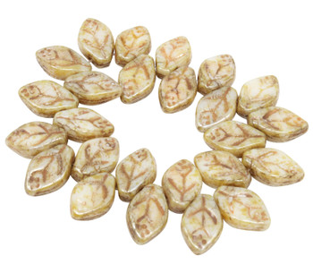 Czech Glass 12x8mm Medium Leaf Beads - Ivory Opaque with Picasso Finish and Luster