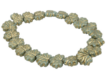 Czech Glass 11x13mm Maple Leaf Beads - Dark Sea Green Etched with Gold Wash