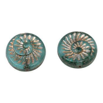 Czech Glass 19mm Fossil Coin - Aqua Green Transparent with White Opaque Core and Platinum Wash