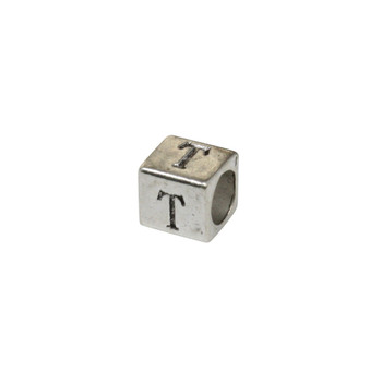 Silver Plated Alloy Alphabet 6x6x7mm Cube Beads - T