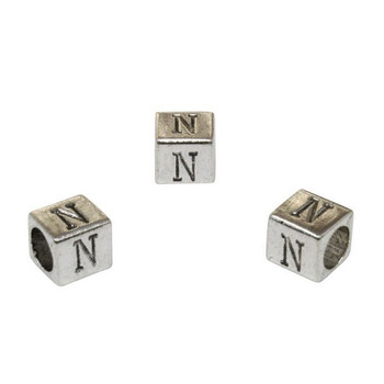 Silver Plated Alloy Alphabet 6x6x7mm Cube Beads - N