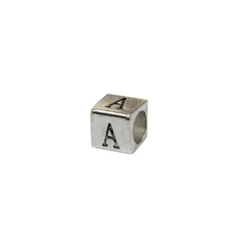 Silver Plated Alloy Alphabet 6x6x7mm Cube Beads - A