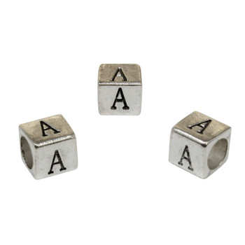 Silver Plated Alloy Alphabet 6x6x7mm Cube Beads - A