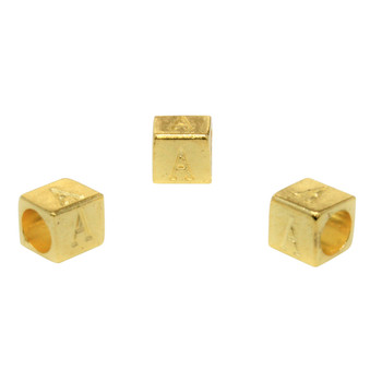 Gold Plated Alloy Alphabet 6x6x7mm Cube Beads - A