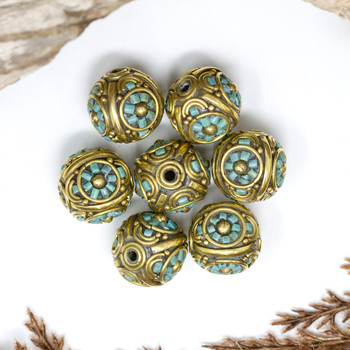 Turquoise Inlaid Brass 18mm Round Bead