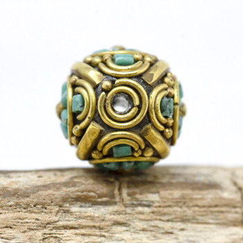 Turquoise Inlaid Brass 18mm Round Bead