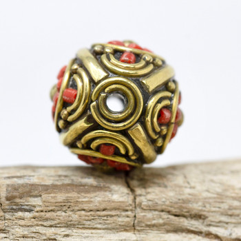 Coral Inlaid Brass 18mm Round Bead