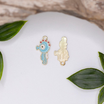 Gold Plated Enamel 22x11mm Blue Sea Horse Charm