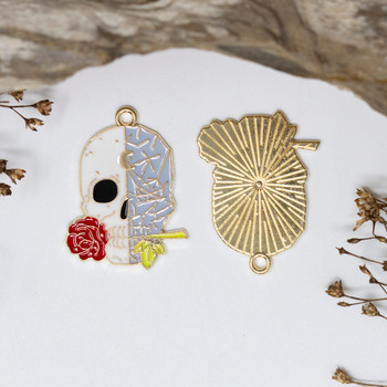 Gold Plated Enamel 17x30mm Skull-Rose Charm