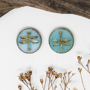 Czech Glass 18mm Dragonfly Coin Table Cut - Aqua Blue Silk