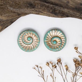 Czech Glass 19mm Fossil Coin - Turquoise Opaque Platinum Wash