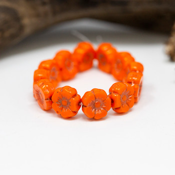 Czech Glass 7mm Hibiscus Flower Beads - Bright Orange Antique Finish