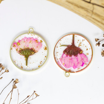 Resin Pink Flower 30mm Flat Round Pendant