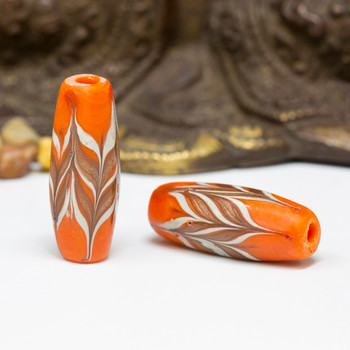 Venetian Chevron Glass Hand Painted 12x30mm Faceted Rice - Orange - Sold Individually